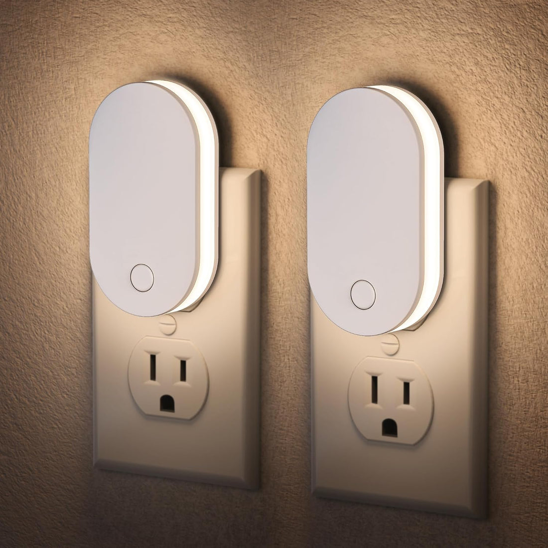 Plug-in night light two-pack with dimmable RGB or warm-white lighting