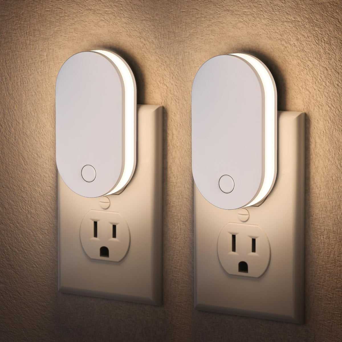 Plug-in night light two-pack with dimmable RGB or warm-white lighting