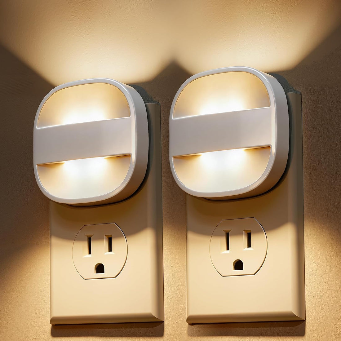 Dimmable plug-in sensor night light two-pack with selectable light tones